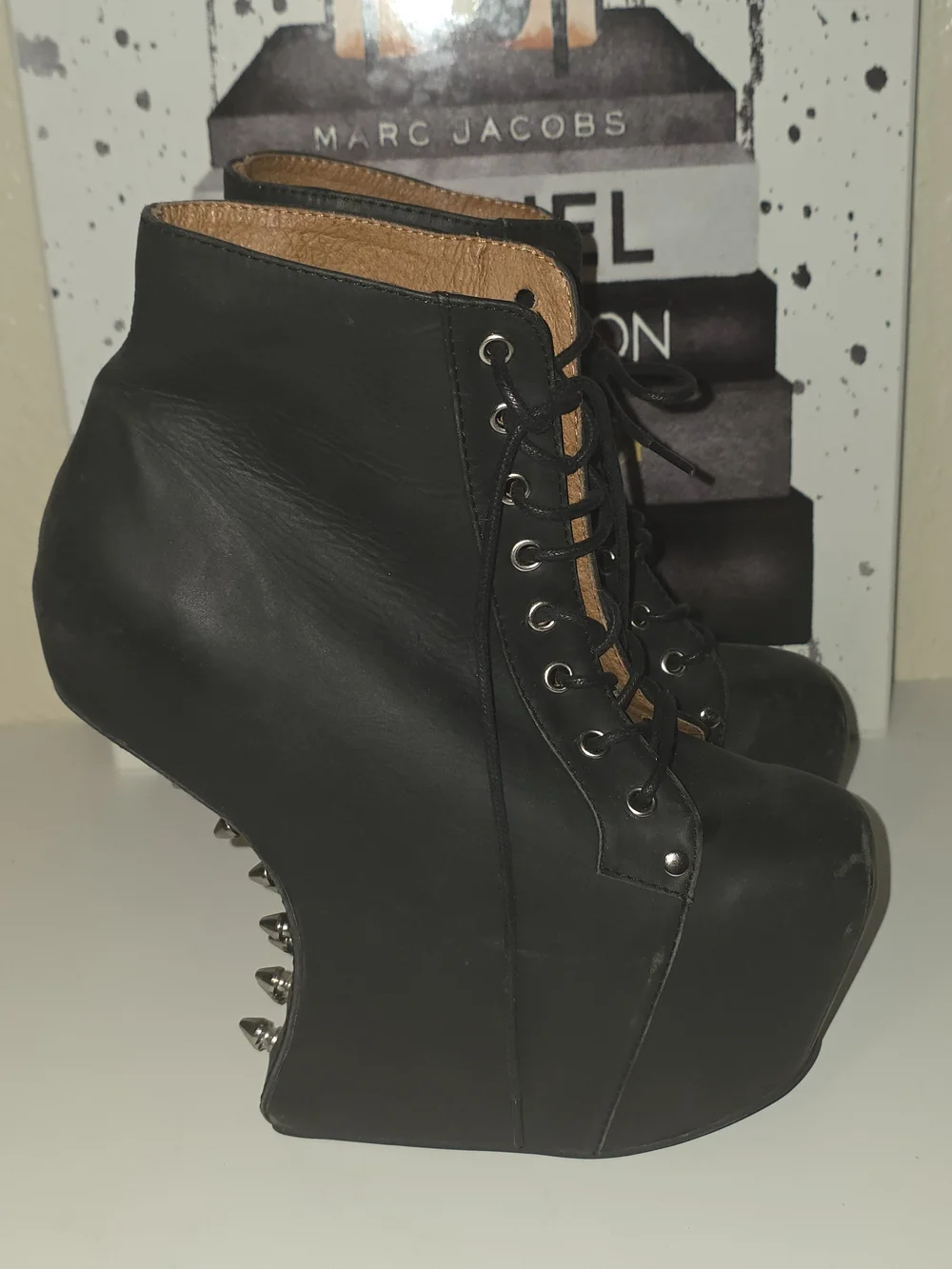 Jeffrey Campbell "NGT-LITA" Black Leather Studded Platform Lace-Up Gravity Wedge - Picture 3 of 9